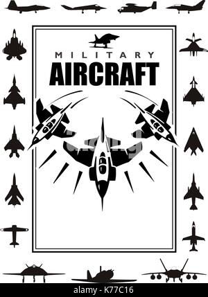 Book cover with silhouettes of different types of military aircraft on white background. Size A4 - Vector image Stock Vector