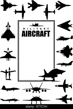 Book cover with silhouettes of different types of military aircraft on white background. Size A4 - Vector image Stock Vector