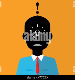 Black silhouette of sad businessman with low creativity gage concept icon on face on orange background - Vector image Stock Vector