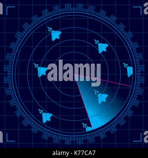 Blue radar screen detecting a group of military aircraft flying in formation - Vector image Stock Vector