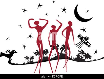 Silhouette of jungle in black color with silhouette of three people in red color - Vector image Stock Vector