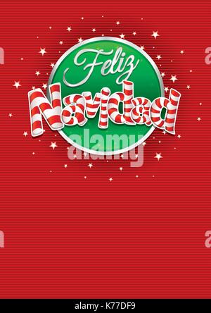 Feliz Navidad - Merry Christmas in Spanish language - Red cover of greeting card with lines texture in background. Stock Vector