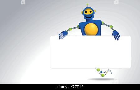 Genie blue robot holding a white banner with his hands on white background - Vector image Stock Vector