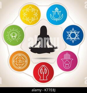 Black silhouette surrounded by seven colored circles with icons of yoga and reiki - Vector image Stock Vector