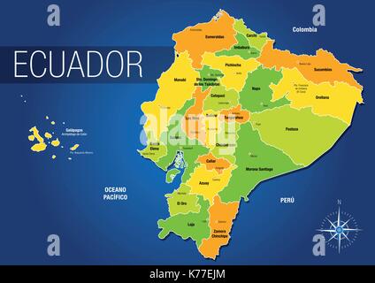Political map of the Republic of Ecuador with the names of the provinces and their capitals on blue background - Vector image Stock Vector