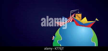 Conceptual illustration about the commercial exchange between the United States of America and Colombia, Paper boats lined with the flag Stock Vector