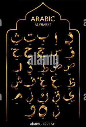 Set of Gold Arabic Alphabet on black background - Vector image Stock Vector