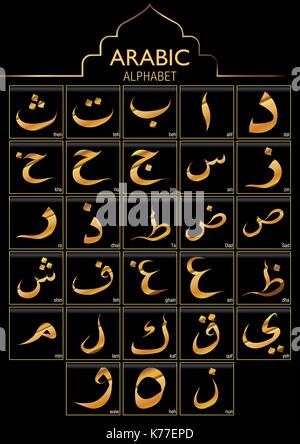 Set of Gold Arabic Alphabet on black background - Vector image Stock Vector