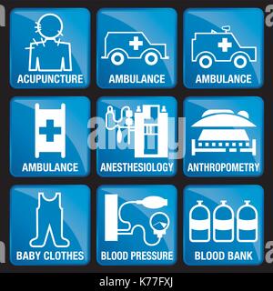 Set of Medical Icons in blue square background - ACUPUNCTURE, AMBULANCE, ANESTHESIOLOGY, ANTHROPOMETRY, BABY CLOTHES, BLOOD PRESSURE, BLOOD BANK Stock Vector