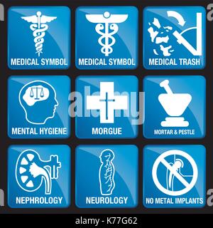 Set of Medical Icons in blue square background - MEDICAL SYMBOL, MEDICAL TRASH, MENTAL HYGIENE, MORGUE, MORTAR & PESTLE, NEPHROLOGY, NEUROLOGY, Stock Vector