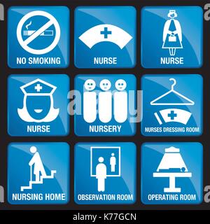 Set of Medical Icons in blue square background - ACUPUNCTURE, AMBULANCE, ANESTHESIOLOGY, ANTHROPOMETRY, BABY CLOTHES, BLOOD PRESSURE, BLOOD BANK Stock Vector