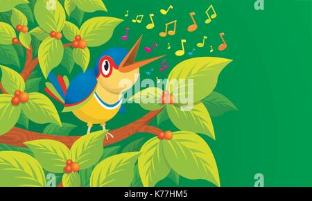 Lone colorful bird singing on the branch of a tree on green background - Vector image Stock Vector