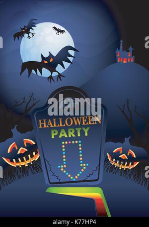 Night landscape with tombstone, bats, trees, pumpkins and haunted house - Halloween background. Vector image Stock Vector