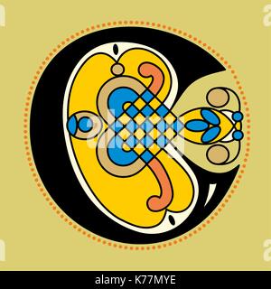 Decorative ornamental initial letter C in Celtic style in geometrical form like an illustration in antique medieval illuminated manuscript Stock Vector