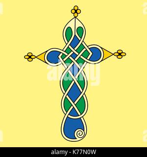 Decorative cross in Celtic style in geometrical form like an illustration in antique medieval illuminated manuscript Stock Vector