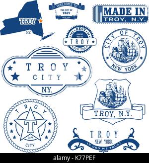 Set of generic stamps and signs of Troy city, New York state Stock Vector