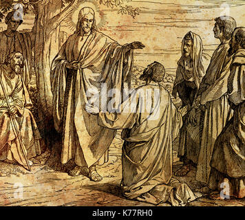 Jesus feeds the crowd with bread and fish, graphic collage from engraving of Nazareene School, published in The Holy Bible, St.Vojtech Publishing, Trnava, Slovakia, 1937. Stock Photo