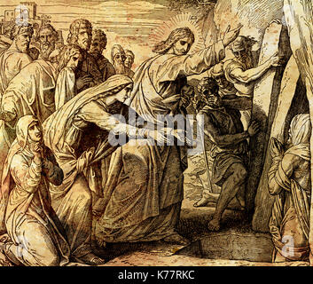 Resurrection of Lazarus, graphic collage from engraving of Nazareene School, published in The Holy Bible, St.Vojtech Publishing, Trnava, Slovakia, 1937. Stock Photo