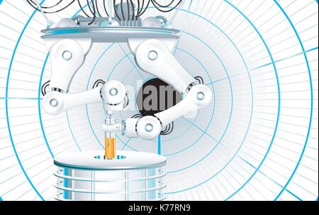 Two mechanical arms removing a sample of a laboratory test tube - Fantastic scene - Vector image Stock Vector