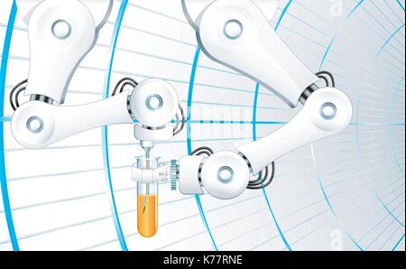 Mechanical arm with a needle injecting orange liquid in a laboratory test tube - Fantastic scene - Vector image Stock Vector