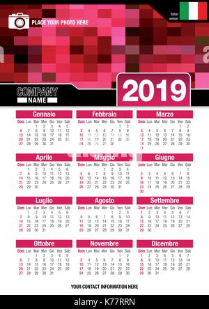 Useful wall calendar 2019 with design of red colors mosaic. Format A4 vertical. Size: 210mm x 297mm. Italian version - Vector image Stock Vector