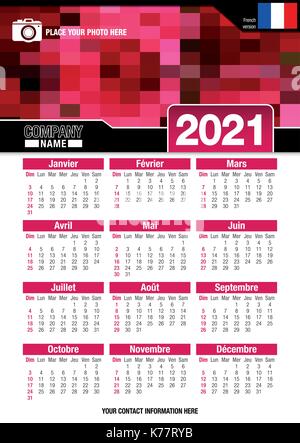 Useful wall calendar 2021 with design of red colors mosaic. Format A4 vertical. Size: 210mm x 297mm. French version - Vector image Stock Vector