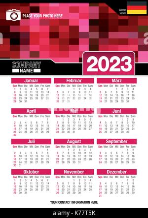 Useful wall calendar 2023 with design of red colors mosaic. Format A4 vertical. Size: 210mm x 297mm. German version - Vector image Stock Vector