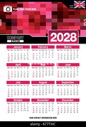 Useful wall calendar 2028 with design of red colors mosaic. Format A4 vertical. Size: 210mm x 297mm. English version - Vector image Stock Vector