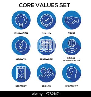 Core Values - Mission, integrity value icon set with vision, honesty, passion, and collaboration as the goal / focus Stock Vector