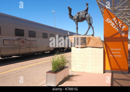 Alice Springs, Australia - September 7, 2017: The famous Ghan railway at the Alice Springs terminal with a local sign Stock Photo