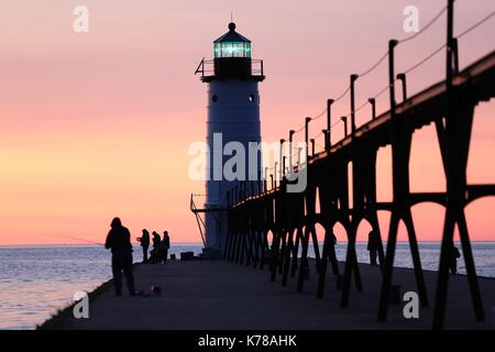 North Pier Lighthouse in Manistee Michigan. Off lake Michigan Stock Photo