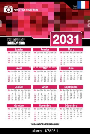 Useful wall calendar 2031 with design of red colors mosaic. Format A4 vertical. Size: 210mm x 297mm. French version - Vector image Stock Vector