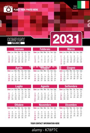 Useful wall calendar 2031 with design of red colors mosaic. Format A4 vertical. Size: 210mm x 297mm. Italian version - Vector image Stock Vector