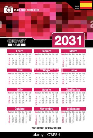 Useful wall calendar 2031 with design of red colors mosaic. Format A4 vertical. Size: 210mm x 297mm. Spanish version - Vector image Stock Vector