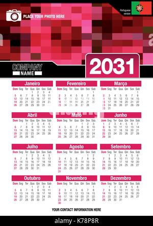 Useful wall calendar 2031 with design of red colors mosaic. Format A4 vertical. Size: 210mm x 297mm. Portuguese version - Vector image Stock Vector