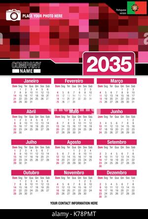 Useful wall calendar 2035 with design of red colors mosaic. Format A4 vertical. Size: 210mm x 297mm. Portuguese version - Vector image Stock Vector