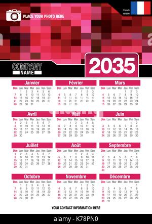 Useful wall calendar 2035 with design of red colors mosaic. Format A4 vertical. Size: 210mm x 297mm. French version - Vector image Stock Vector