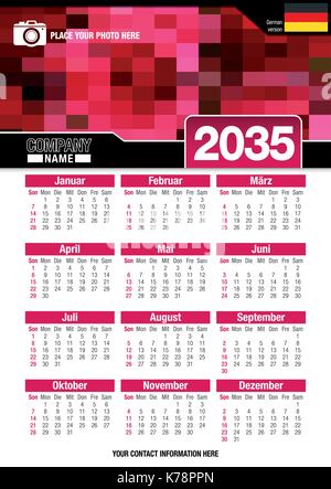 Useful wall calendar 2035 with design of red colors mosaic. Format A4 vertical. Size: 210mm x 297mm. German version - Vector image Stock Vector