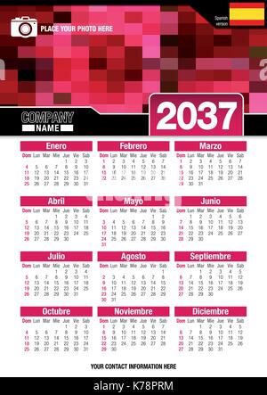 Useful wall calendar 2037 with design of red colors mosaic. Format A4 vertical. Size: 210mm x 297mm. Spanish version - Vector image Stock Vector