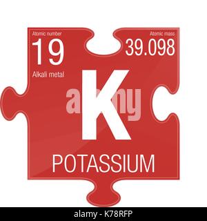 Potassium symbol. Element number 19 of the Periodic Table of the Elements - Chemistry - Puzzle piece with red background Stock Vector