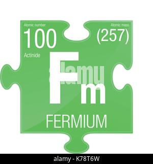 Fermium symbol. Element number 100 of the Periodic Table of the Elements - Chemistry - Puzzle piece with green background Stock Vector