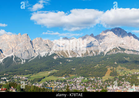 Cortina D'Ampezzo is a beautiful alpine resort in the background with wonderful mountain peaks, Trentino Alto Adige region, Dolomites in Italy,Europe Stock Photo