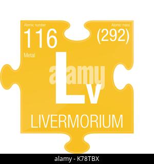 Livermorium symbol. Element number 116 of the Periodic Table of the Elements - Chemistry - Puzzle piece with yellow background Stock Vector