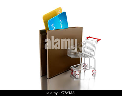 3d illustration. Credit cards in leather wallet with shopping cart. Shopping concept. Isolated white background Stock Photo