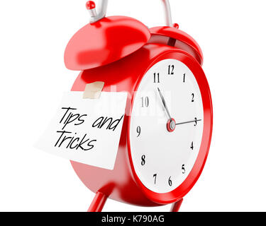 3d illustration. Alarm clock with sticky paper written 'tips and tricks'. Business concept. Isolated white background Stock Photo