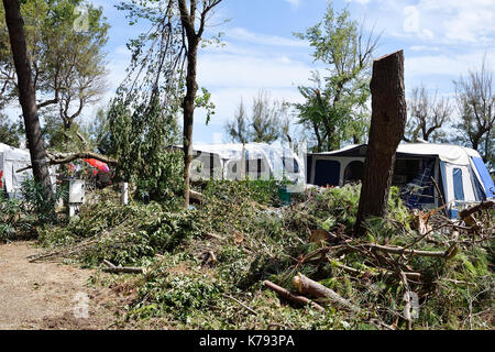 Storm Damage Camping tornado destroy caravan camper mobil home campsite tree fall down broke down Stock Photo