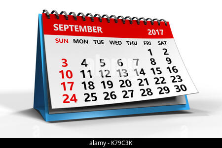 3d illustration of september 2017 calendar over white background Stock Photo