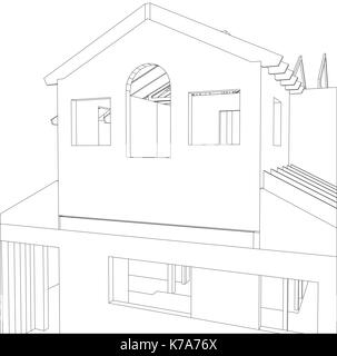Abstract 3D render of building wireframe structure. Construction graphic. Tracing illustration of 3d Stock Vector