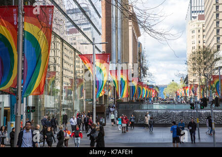 Vote Yes banners for marriage equality erected by City of Sydney in Martin Place,Sydney ,Australia Stock Photo