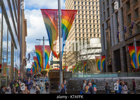 Vote Yes banners for marriage equality erected by City of Sydney in Martin Place,Sydney ,Australia Stock Photo